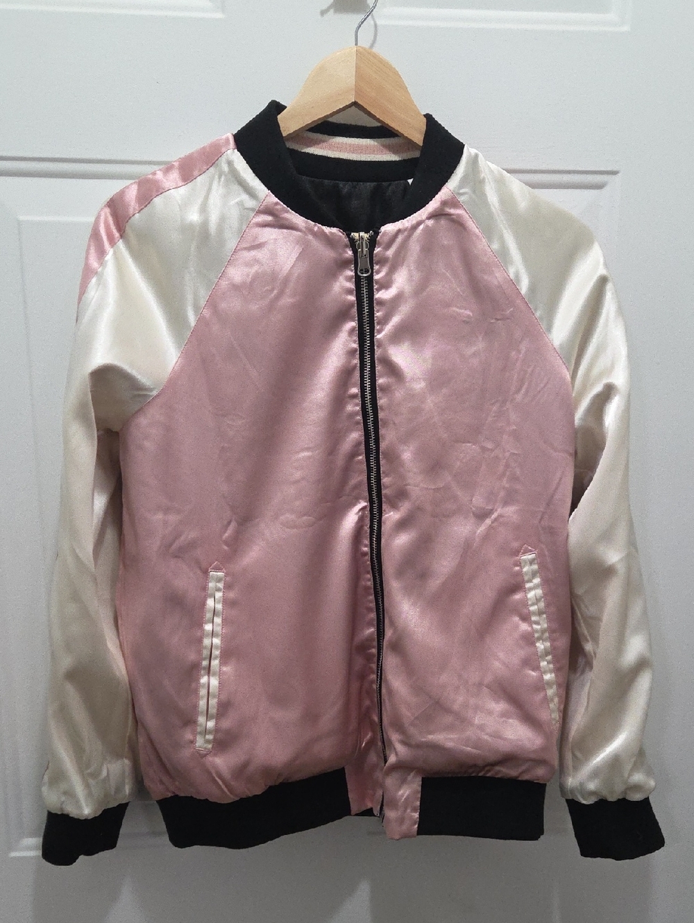 Reversible Floral Embroidered Satin Bomber Jacket - Black, Pink & Cream